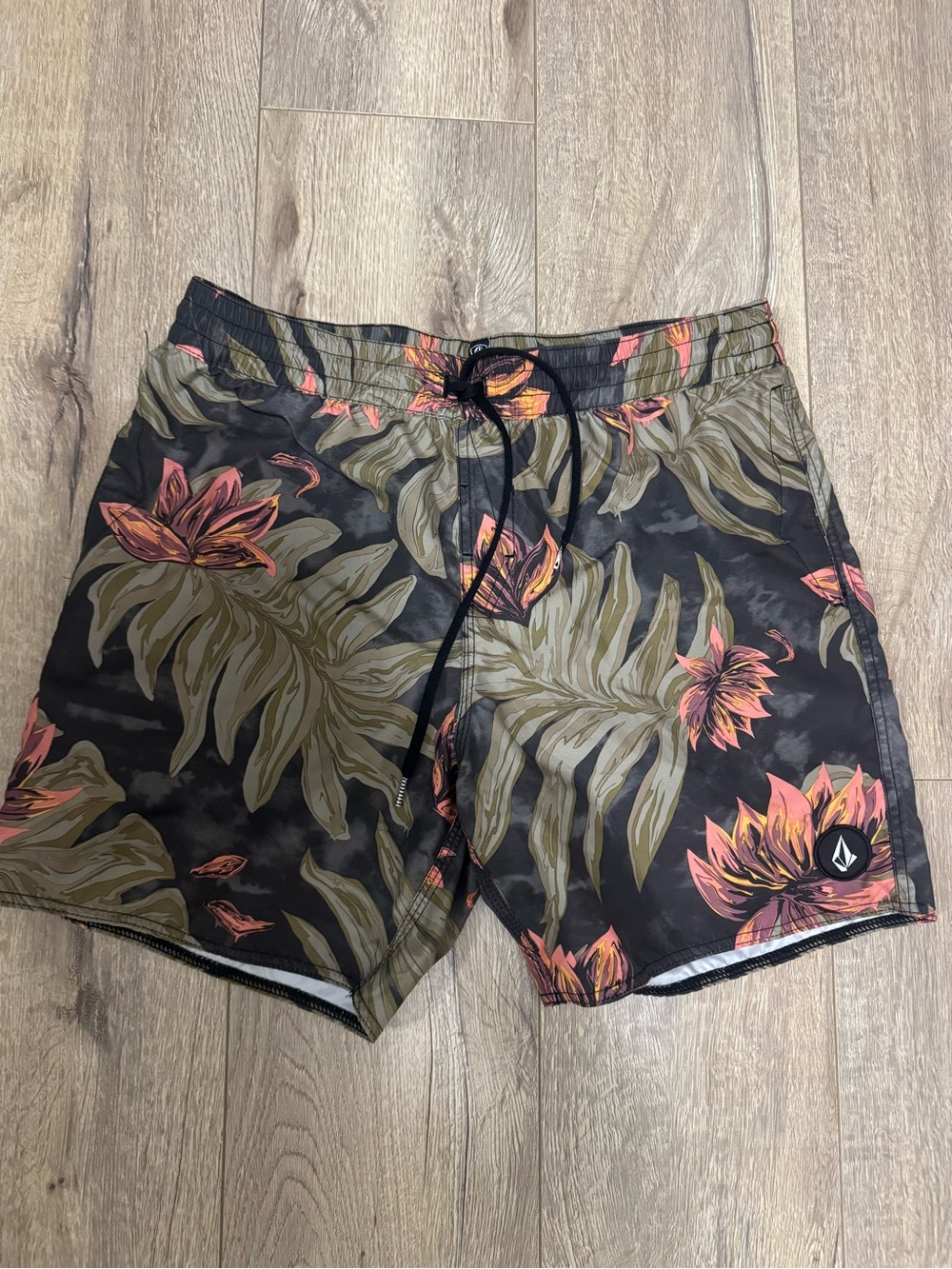 Volcom Black Swim Board Shorts with Coral Floral Print
